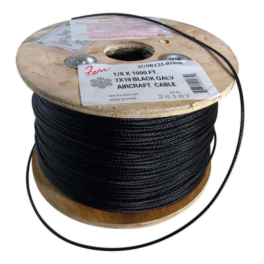7x19 Black Powder Coated Galvanized Wire Rope Cable 1/8" 100 ft 